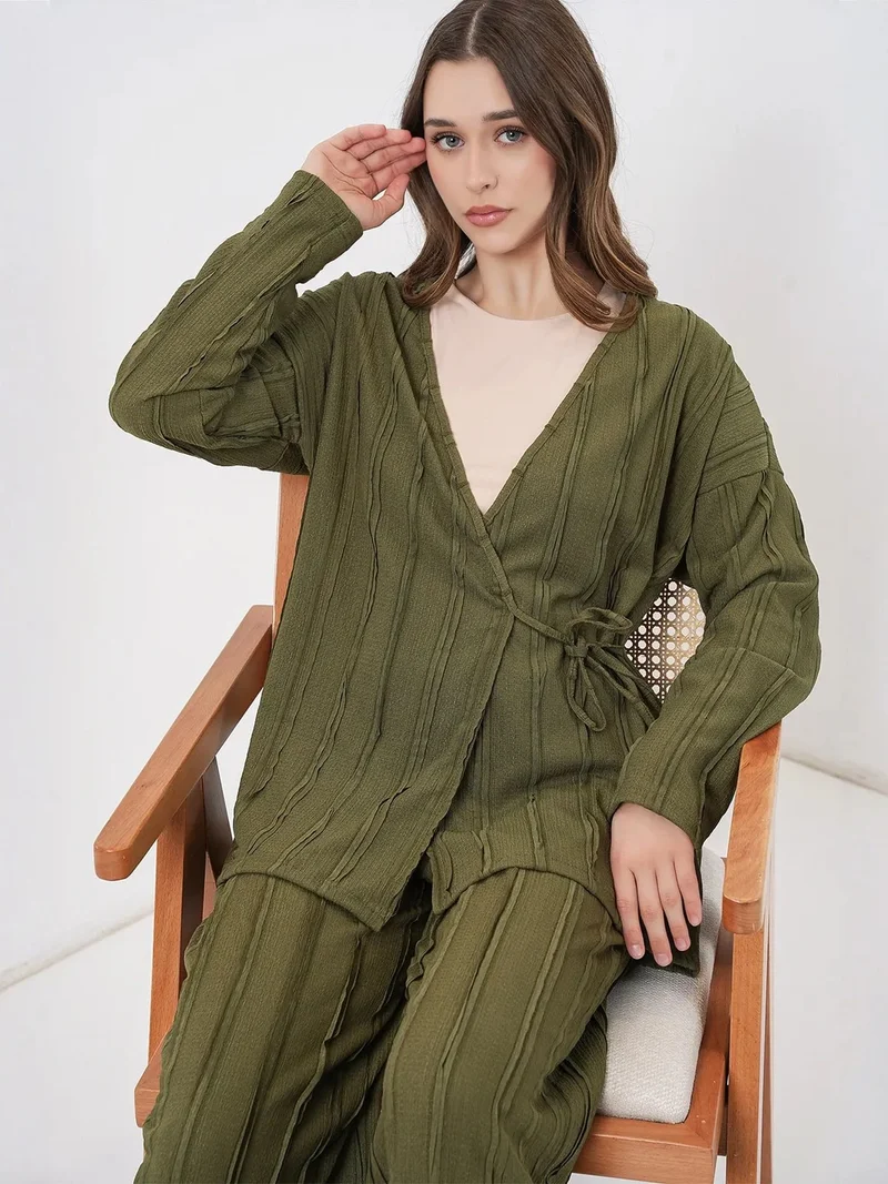 BIG DART BDART Textured V-Neck Tie Detail Kimono & Wide Leg Pants Set